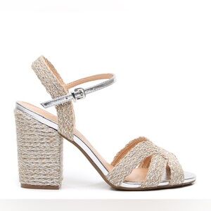 🆕 Express | Metallic Strap Jute Block Heel Sandals Silver/Tan Size 8